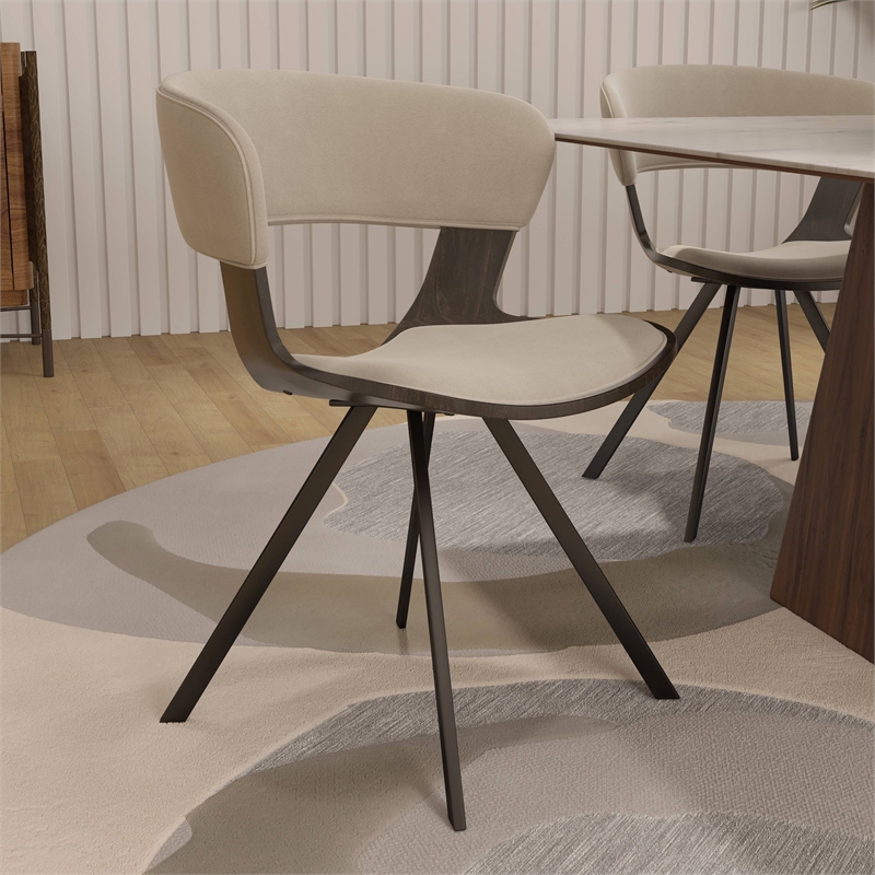 Dining Chair with Curved Open-Back and Iron Legs in Dark Walnut/Light Taupe