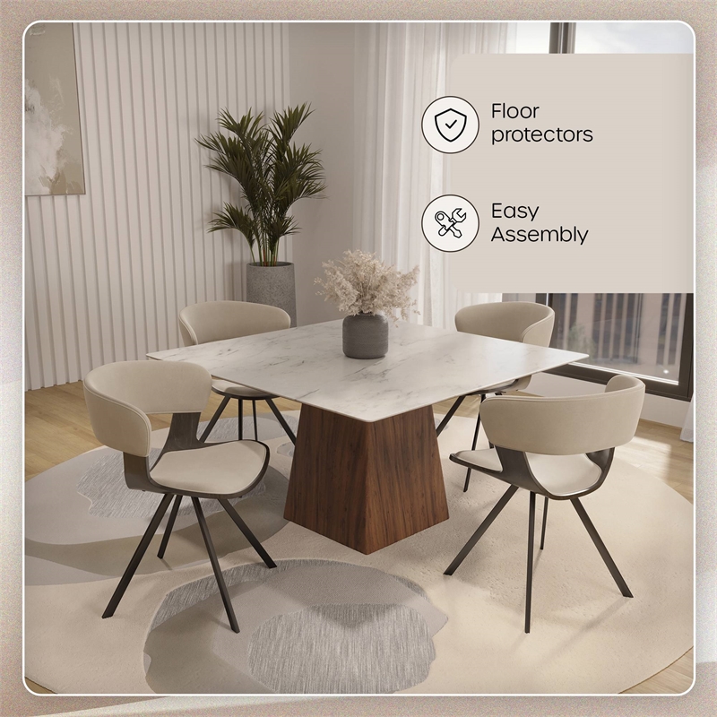 Dining Chair with Curved Open-Back and Iron Legs in Dark Walnut/Light Taupe