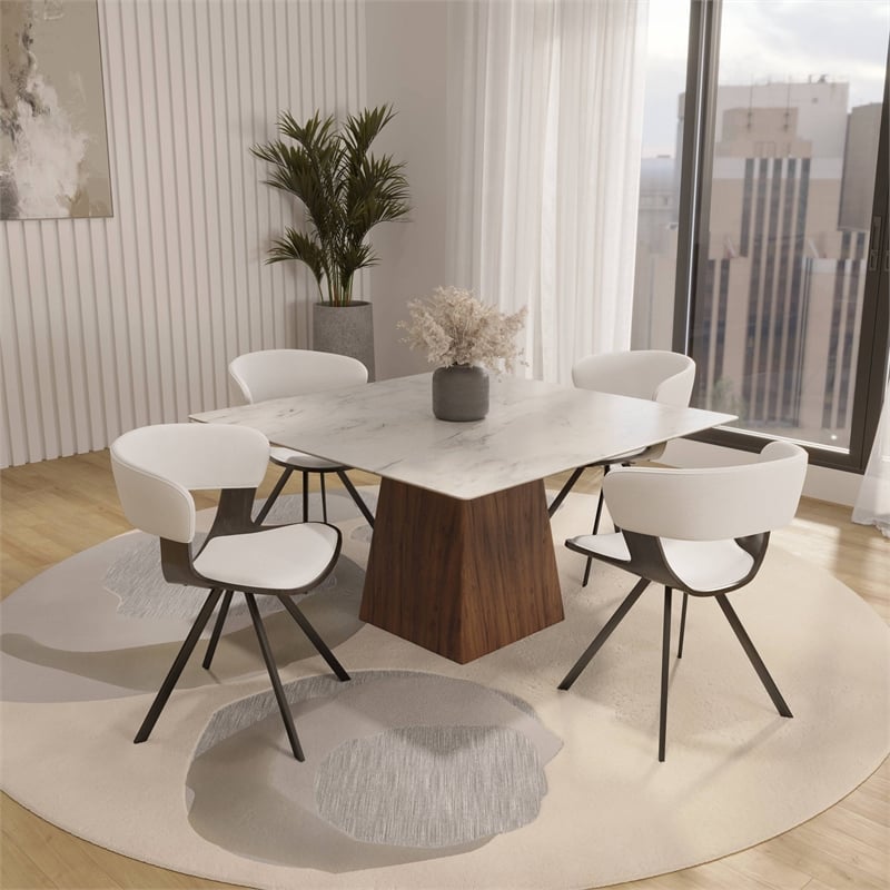 Dining Chair with Curved Open-Back and Iron Legs in Dark Walnut/White