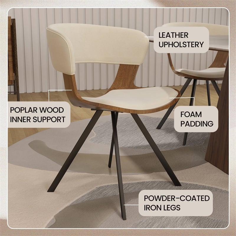 Dining Chair with Curved Open-Back and Iron Legs in Walnut/Beige