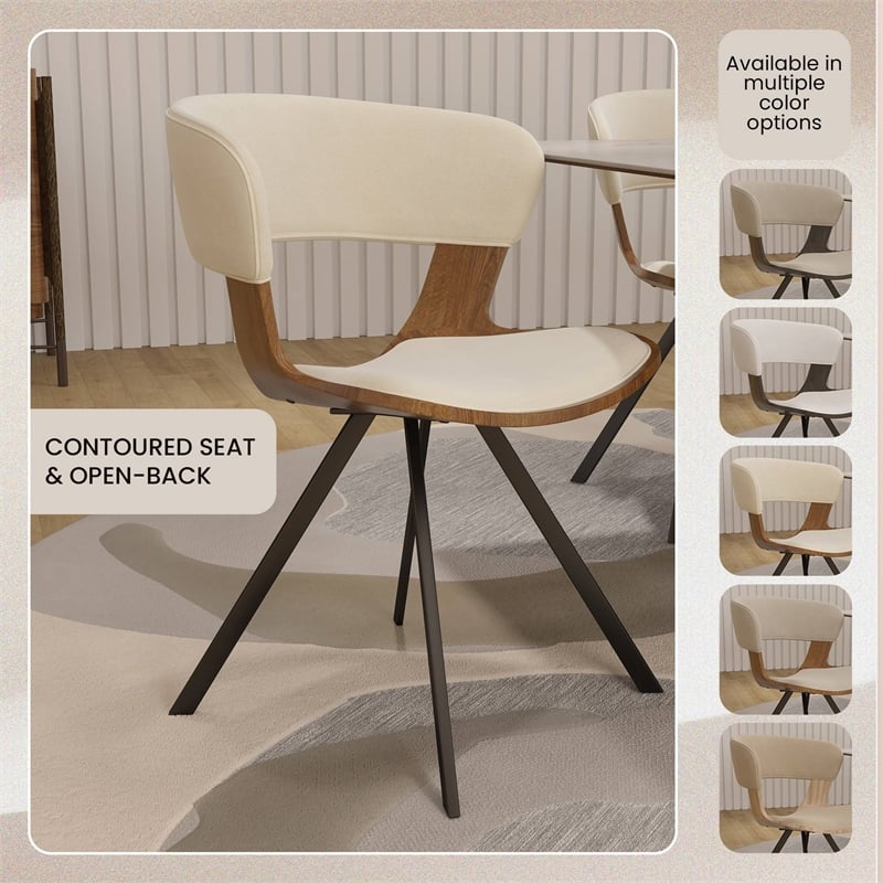 Dining Chair with Curved Open-Back and Iron Legs in Walnut/Beige