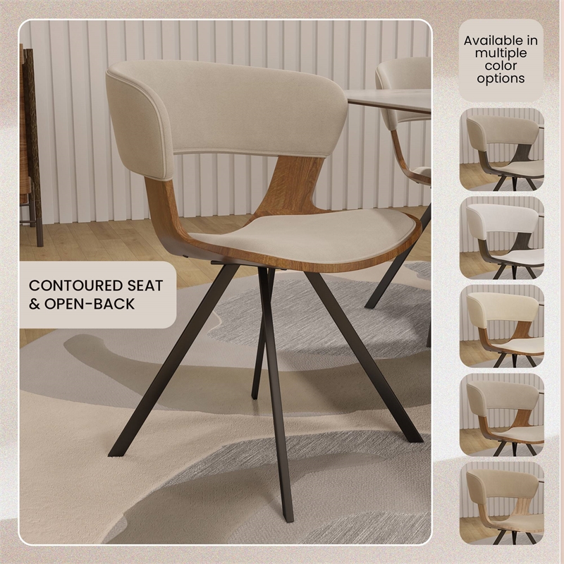 Dining Chair with Curved Open-Back and Iron Legs in Walnut/Light Brown Velvet