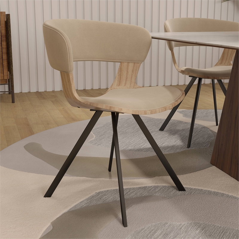 Dining Chair with Curved Open-Back and Iron Legs in Washed Walnut/Taupe