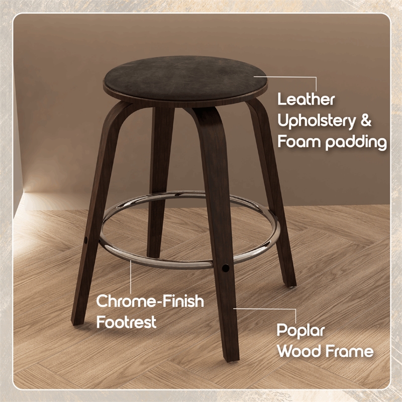 Leather Counter Stool with Poplar Wood Frame and Swivel in Dark Walnut/Brown