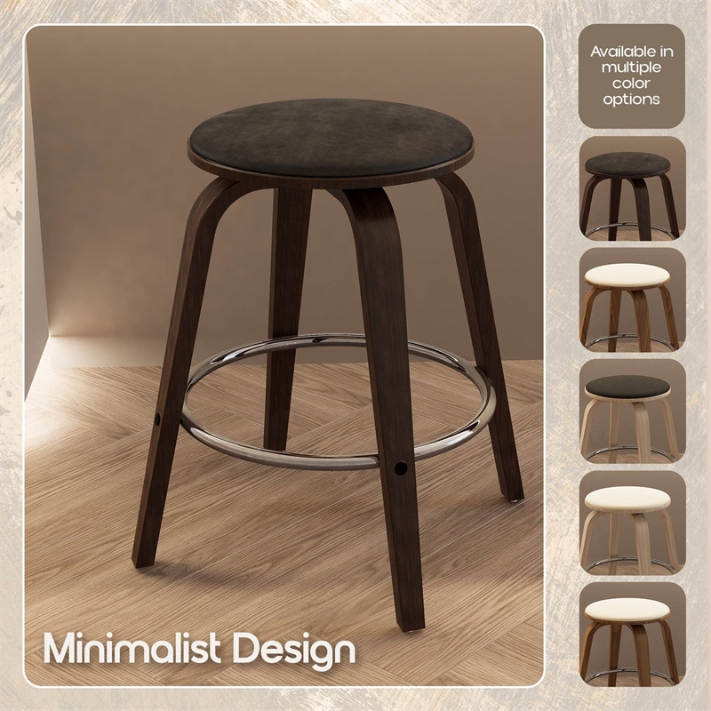 Leather Counter Stool with Poplar Wood Frame and Swivel in Dark Walnut/Brown
