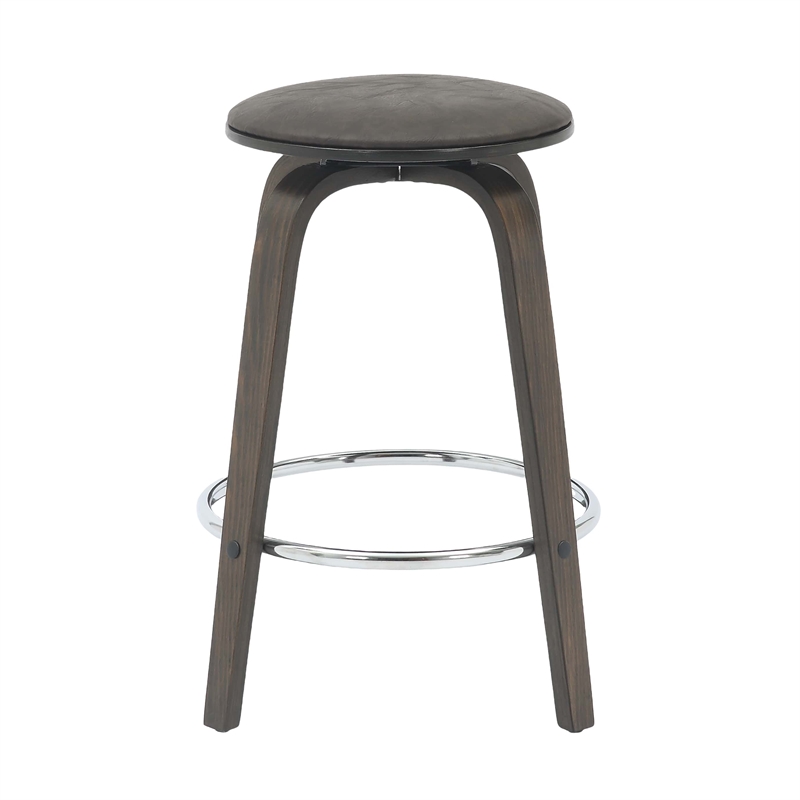 Leather Counter Stool with Poplar Wood Frame and Swivel in Dark Walnut/Brown