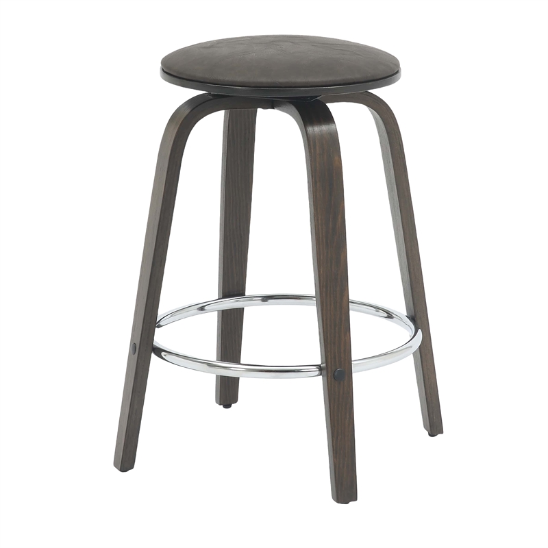 Leather Counter Stool with Poplar Wood Frame and Swivel in Dark Walnut/Brown