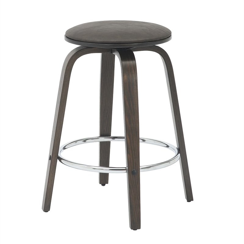 Leather Counter Stool with Poplar Wood Frame and Swivel in Dark Walnut/Brown