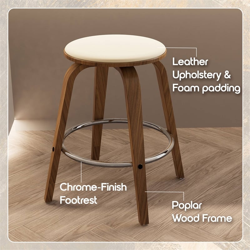 Leather Counter Stool with Poplar Wood Frame and Swivel in Walnut/Cream