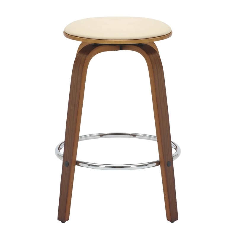 Leather Counter Stool with Poplar Wood Frame and Swivel in Walnut/Cream