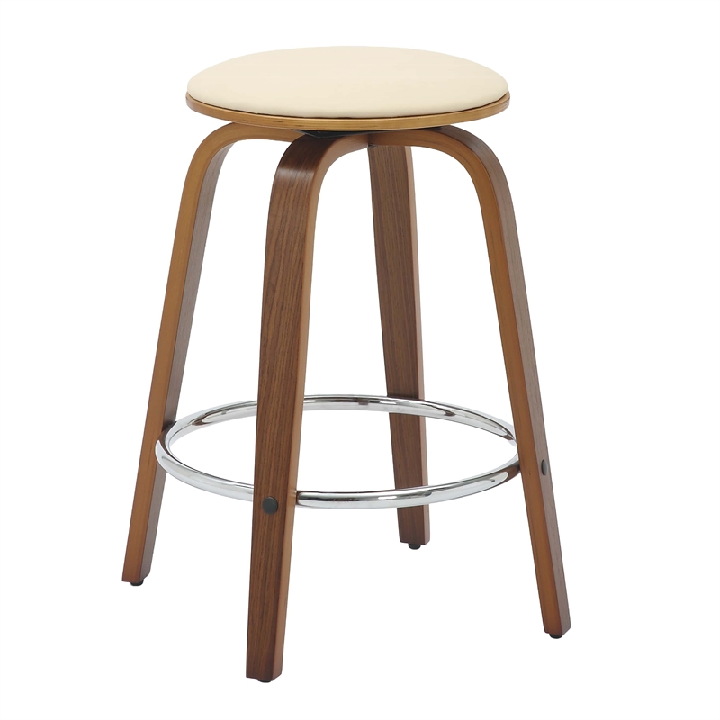Leather Counter Stool with Poplar Wood Frame and Swivel in Walnut/Cream