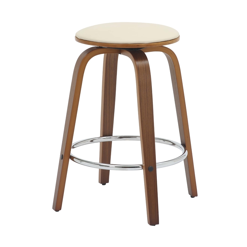 Leather Counter Stool with Poplar Wood Frame and Swivel in Walnut/Light Taupe