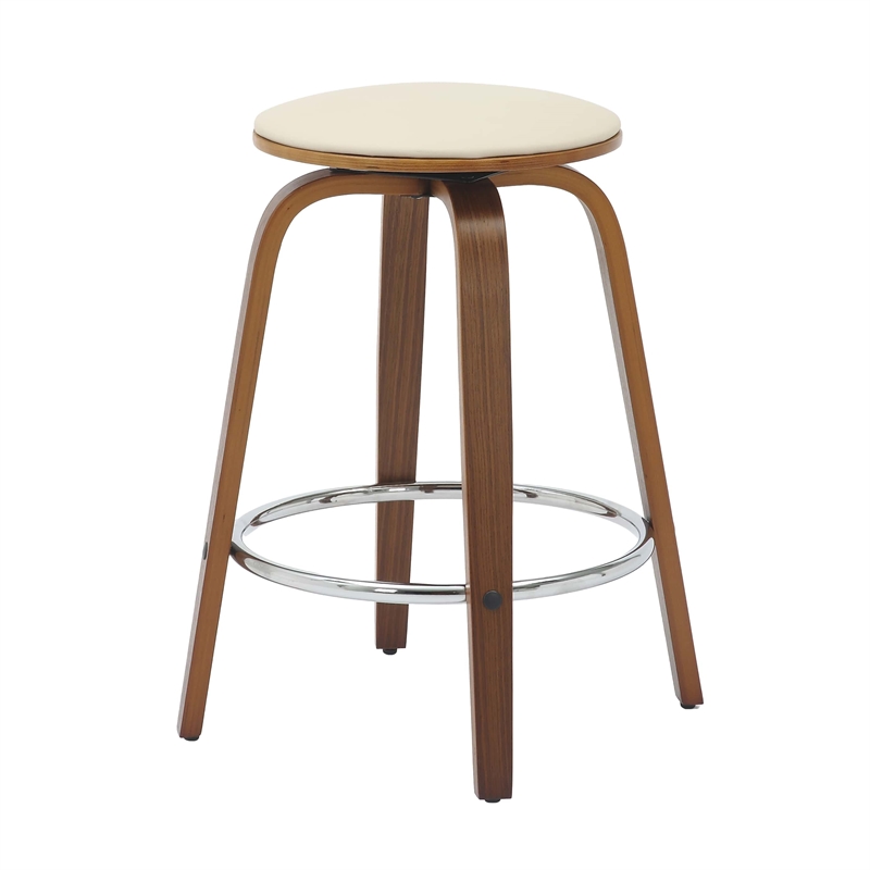 Leather Counter Stool with Poplar Wood Frame and Swivel in Walnut/Light Taupe