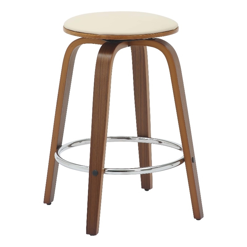 Leather Counter Stool with Poplar Wood Frame and Swivel in Walnut/Light Taupe