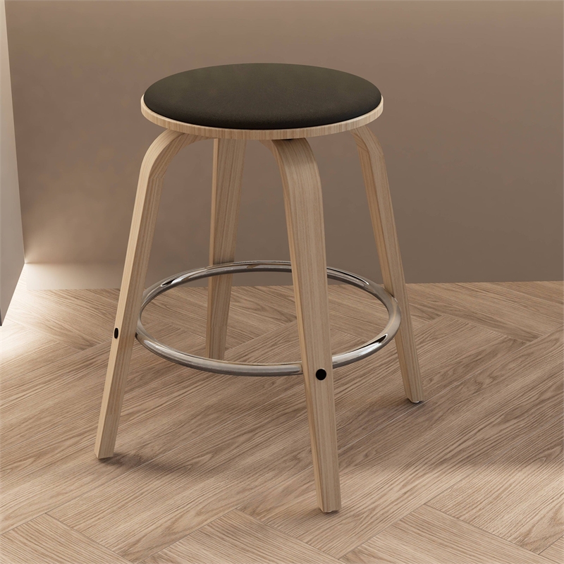 Leather Counter Stool with Poplar Wood Frame and Swivel in Washed Walnut/Black