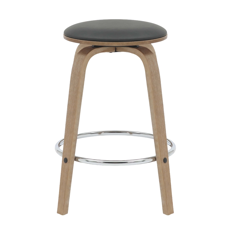 Leather Counter Stool with Poplar Wood Frame and Swivel in Washed Walnut/Black