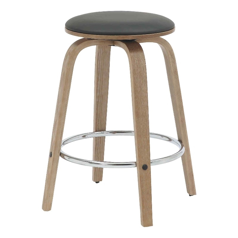 Leather Counter Stool with Poplar Wood Frame and Swivel in Washed Walnut/Black