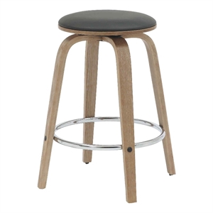 Leather Counter Stool with Poplar Wood Frame and Swivel in Washed Walnut/Black