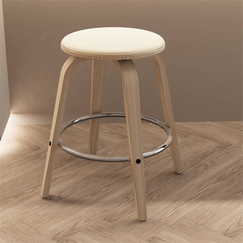 Leather Counter Stool with Poplar Wood Frame and Swivel in Washed Walnut/Taupe