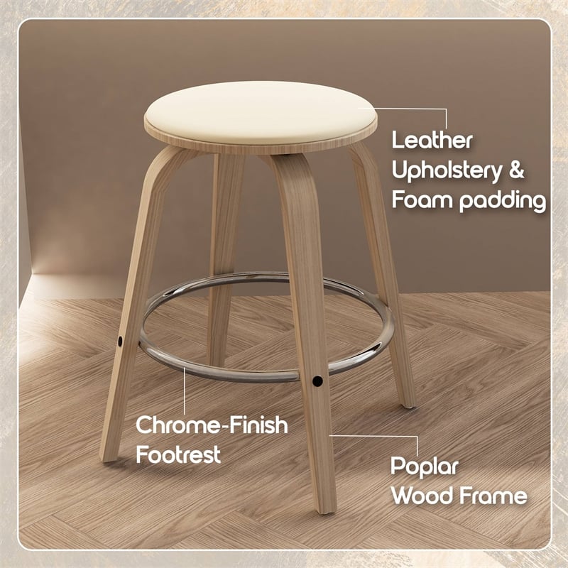 Leather Counter Stool with Poplar Wood Frame and Swivel in Washed Walnut/Taupe