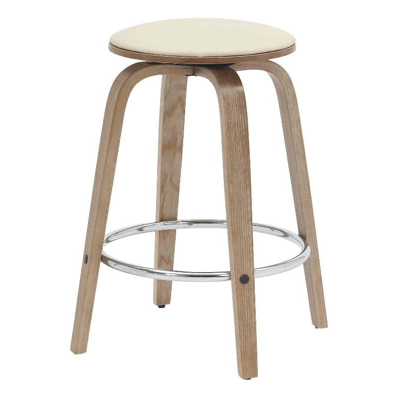 Leather Counter Stool with Poplar Wood Frame and Swivel in Washed Walnut/Taupe