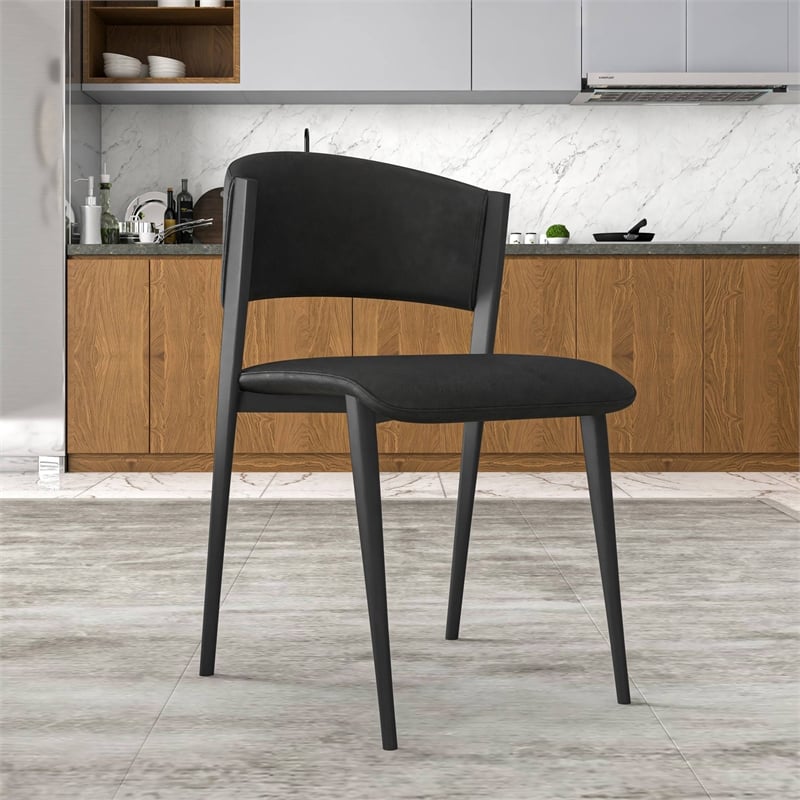 Leather Dining Chair with Curved Open-Back and Iron Legs Set of 4 in Black
