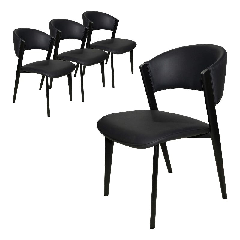 Leather Dining Chair with Curved Open-Back and Iron Legs Set of 4 in Black