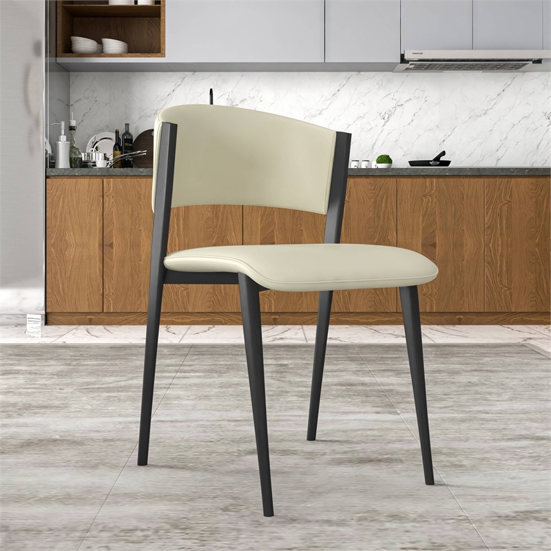 Leather Dining Chair with Curved Open-Back and Iron Legs Set of 4 in Light Gray