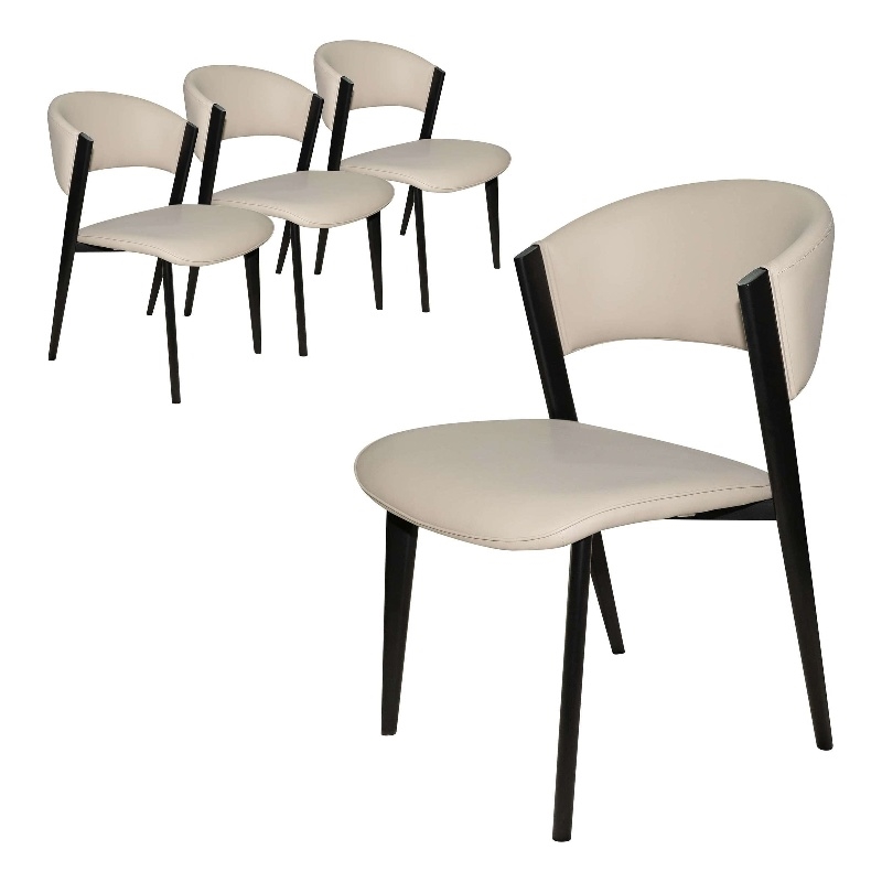 Leather Dining Chair with Curved Open-Back and Iron Legs Set of 4 in Light Gray