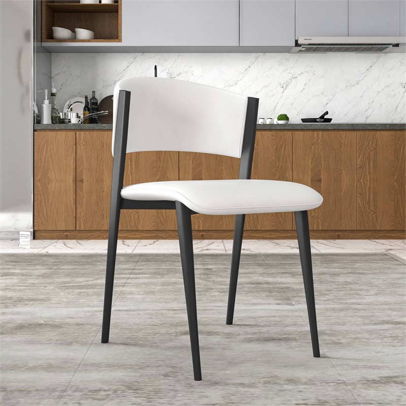 Leather Dining Chair with Curved Open-Back and Iron Legs Set of 4 in White
