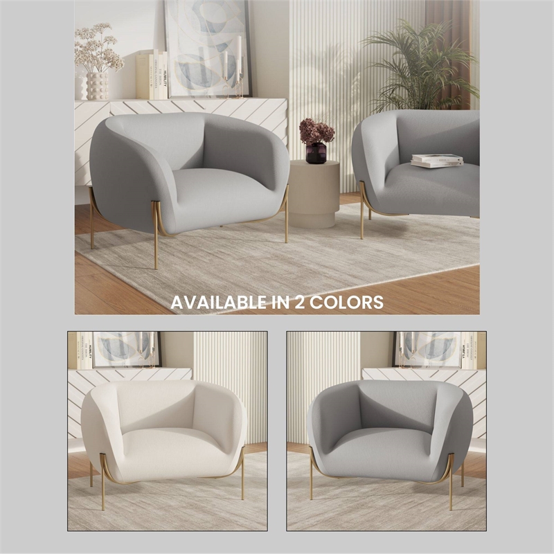 Upholstered Single Seater Sofa in Velvet with Gold Iron Legs in Light Gray