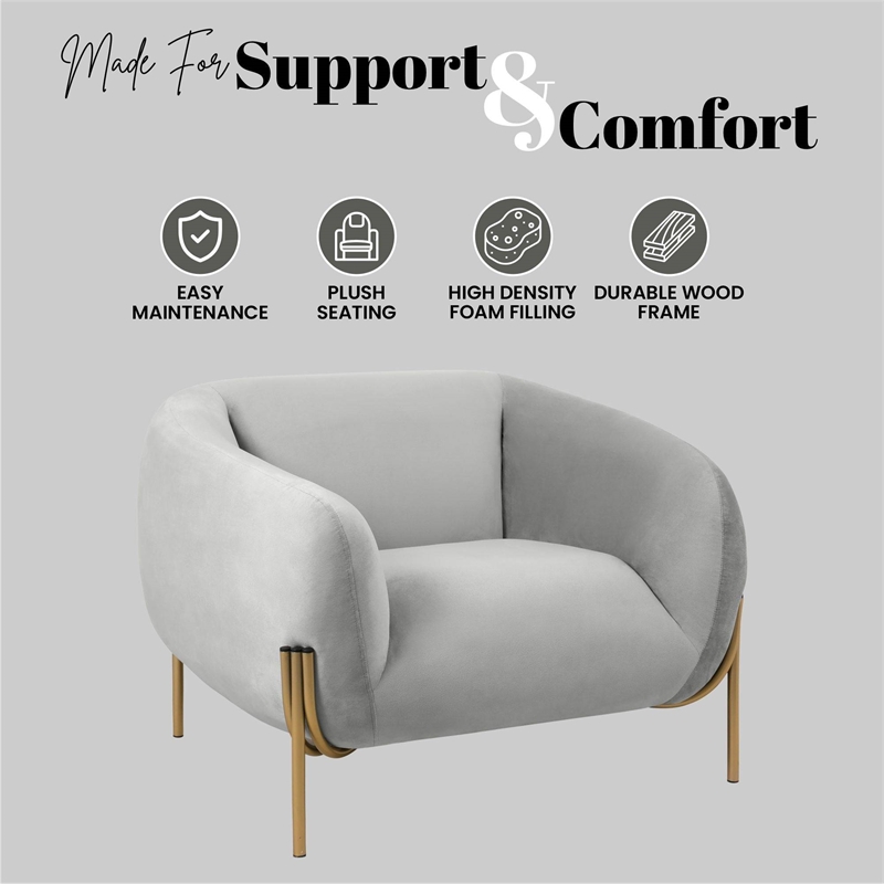 Upholstered Single Seater Sofa in Velvet with Gold Iron Legs in Light Gray