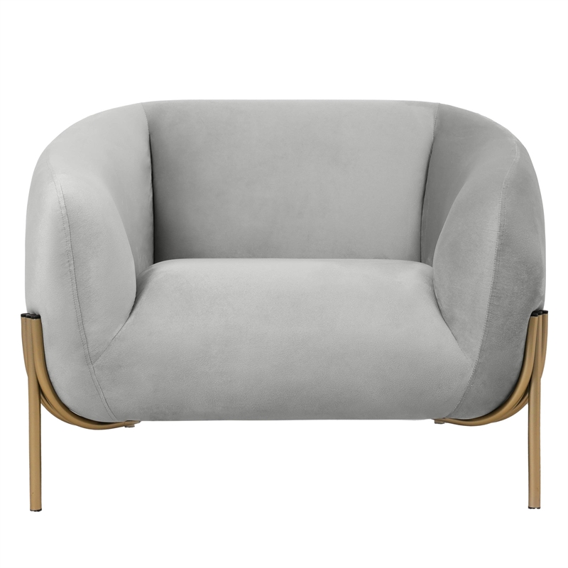 Upholstered Single Seater Sofa in Velvet with Gold Iron Legs in Light Gray