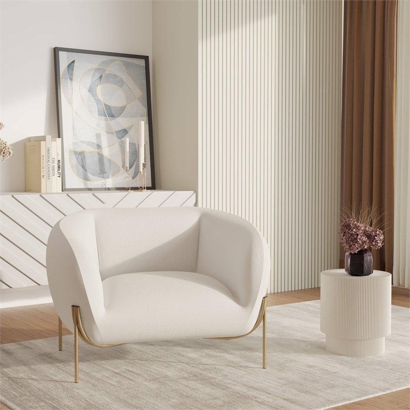 Upholstered Single Seater Sofa in Velvet with Gold Iron Legs in White