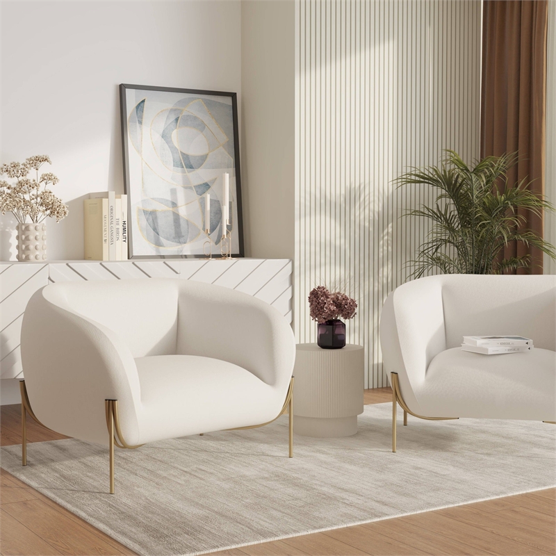 Upholstered Single Seater Sofa in Velvet with Gold Iron Legs in White