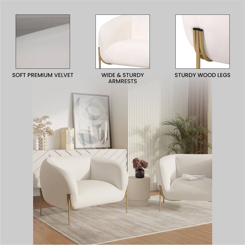 Upholstered Single Seater Sofa in Velvet with Gold Iron Legs in White