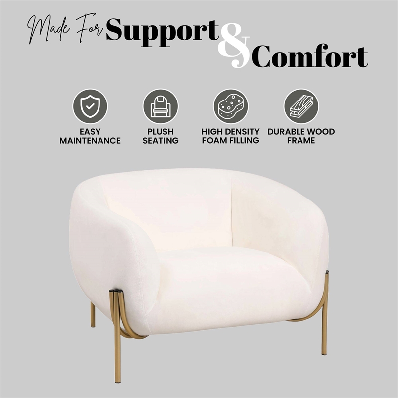 Upholstered Single Seater Sofa in Velvet with Gold Iron Legs in White