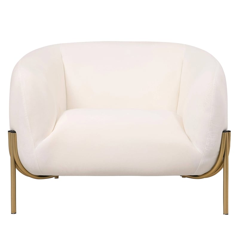 Upholstered Single Seater Sofa in Velvet with Gold Iron Legs in White