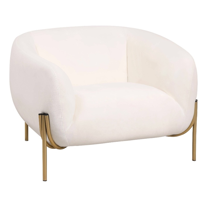 Upholstered Single Seater Sofa in Velvet with Gold Iron Legs in White