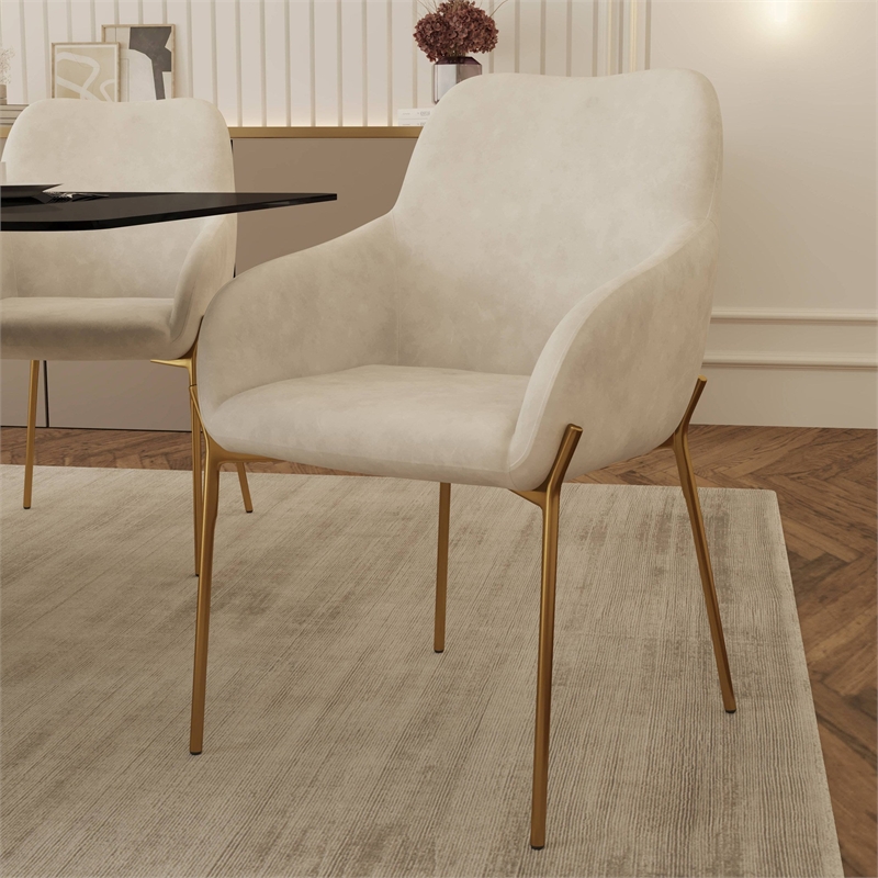 Upholstered Dining Chair in Velvet with Gold Chrome Iron in Beige