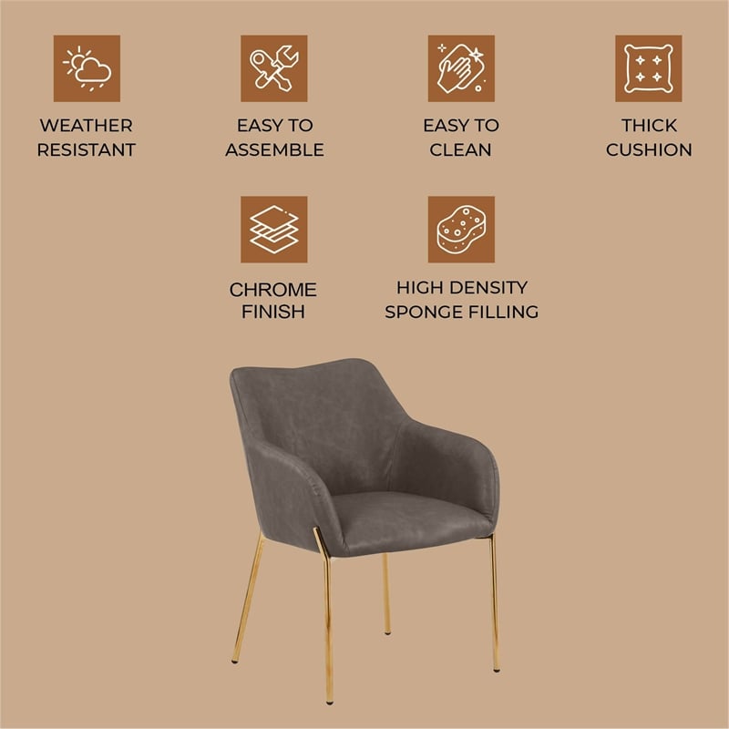 Upholstered Dining Chair in Fabric with Gold Chrome Iron in Charcoal