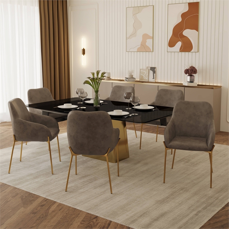 Upholstered Dining Chair in Fabric with Gold Chrome Iron in Charcoal