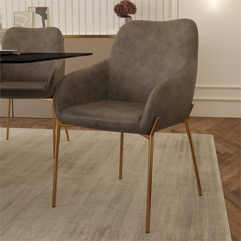 Upholstered Dining Chair in Fabric with Gold Chrome Iron in Charcoal