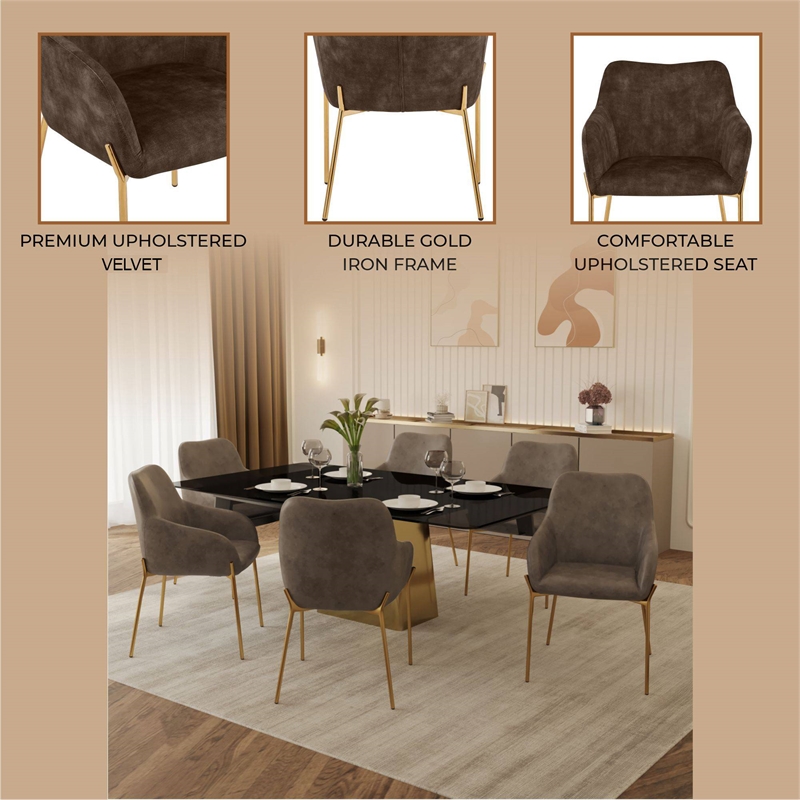 Upholstered Dining Chair in Velvet with Gold Chrome Iron in Brown
