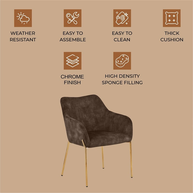 Upholstered Dining Chair in Velvet with Gold Chrome Iron in Brown