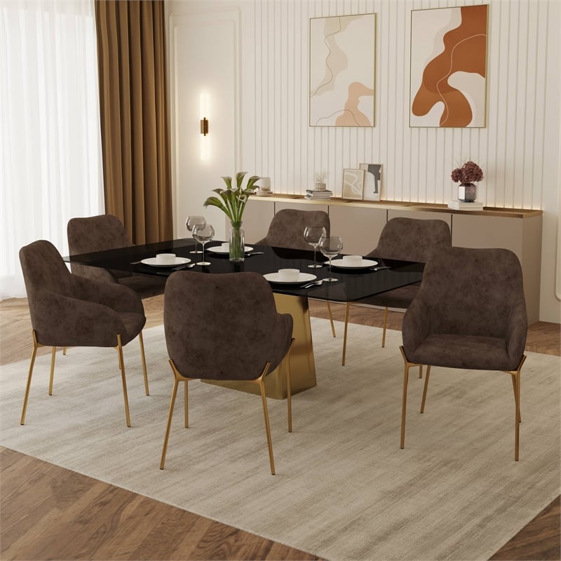Upholstered Dining Chair in Velvet with Gold Chrome Iron in Brown
