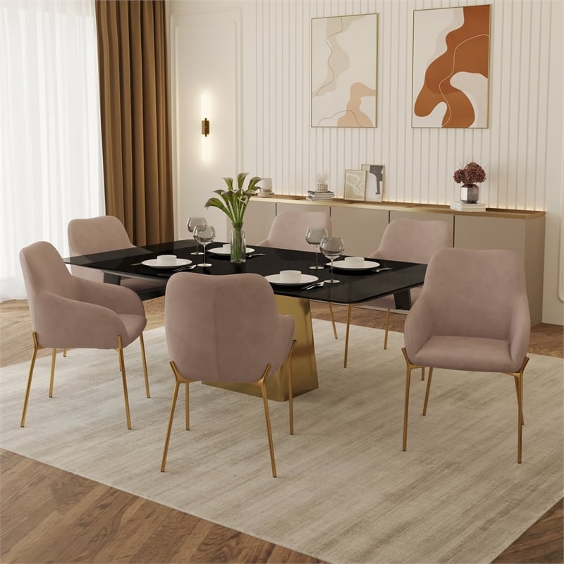Upholstered Dining Chair in Fabric with Gold Chrome Iron in Taupe