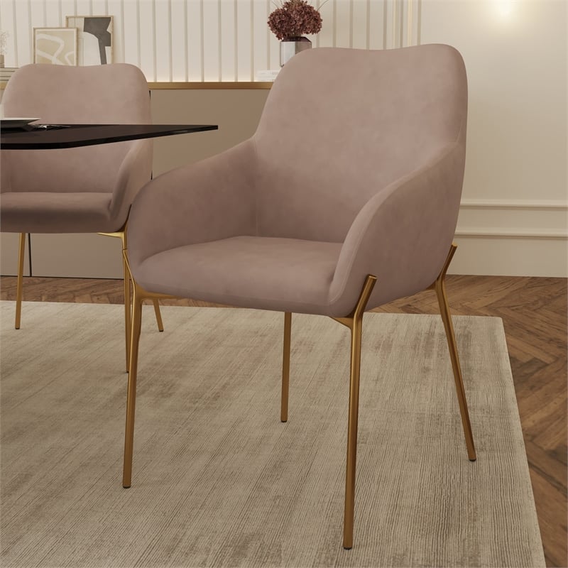 Upholstered Dining Chair in Fabric with Gold Chrome Iron in Taupe