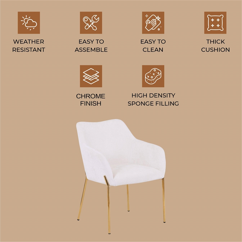 Upholstered Dining Chair in Fabric with Gold Chrome Iron in White