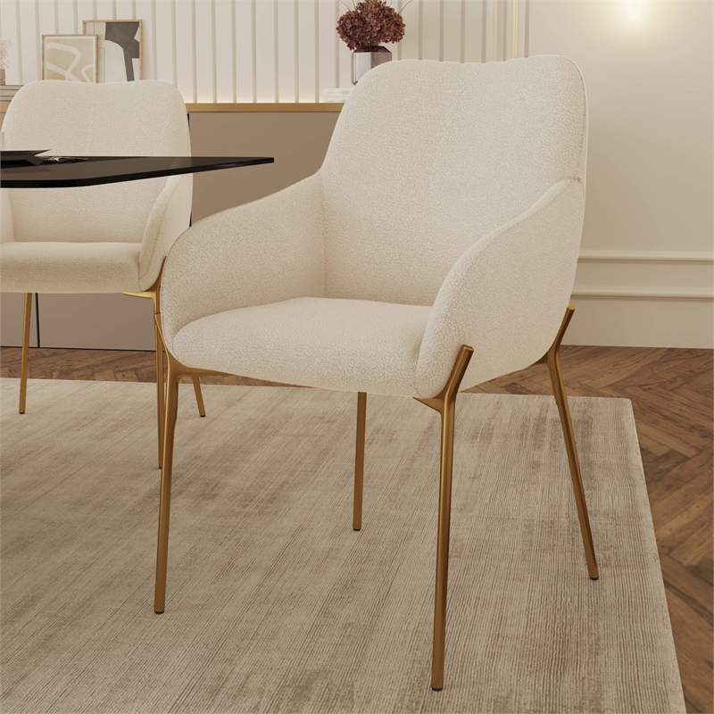 Upholstered Dining Chair in Fabric with Gold Chrome Iron in White
